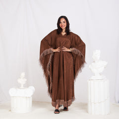 Wide Sleeve Printed Satin Kaftan - Chocolate Brown