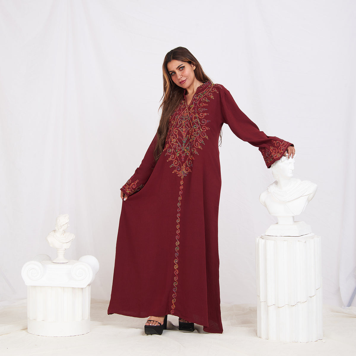 Long Sleeve Embroidery Abaya - Burgundy