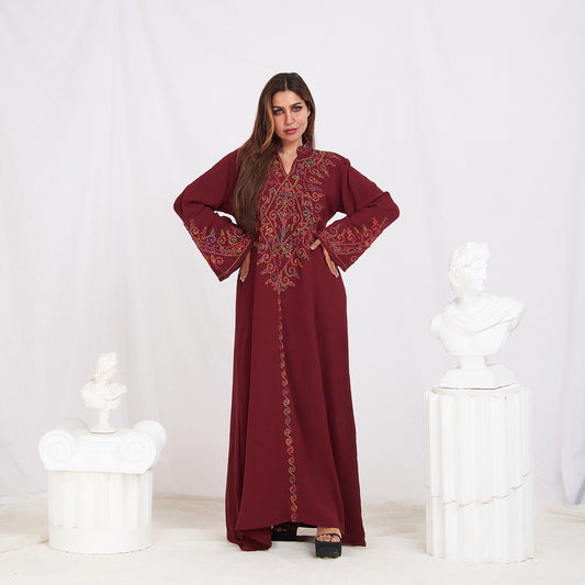 Long Sleeve Embroidery Abaya - Burgundy