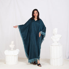 Wide Sleeve Printed Satin Kaftan - Teal Blue