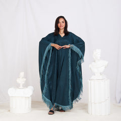 Wide Sleeve Printed Satin Kaftan - Teal Blue