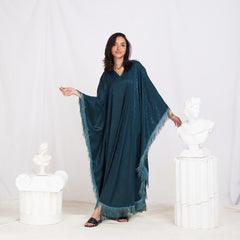 Wide Sleeve Printed Satin Kaftan - Teal Blue