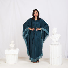 Wide Sleeve Printed Satin Kaftan - Teal Blue