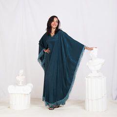 Wide Sleeve Printed Satin Kaftan - Teal Blue