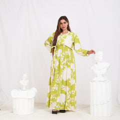 Long Sleeve Folded Linen Floral Dress - Green