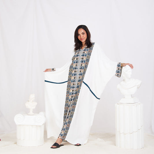 Long Sleeve Trendy Cotton Kaftan - Geometric White