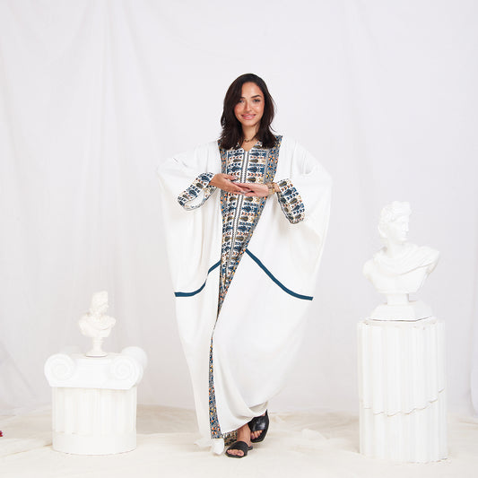 Long Sleeve Trendy Cotton Kaftan - Geometric White