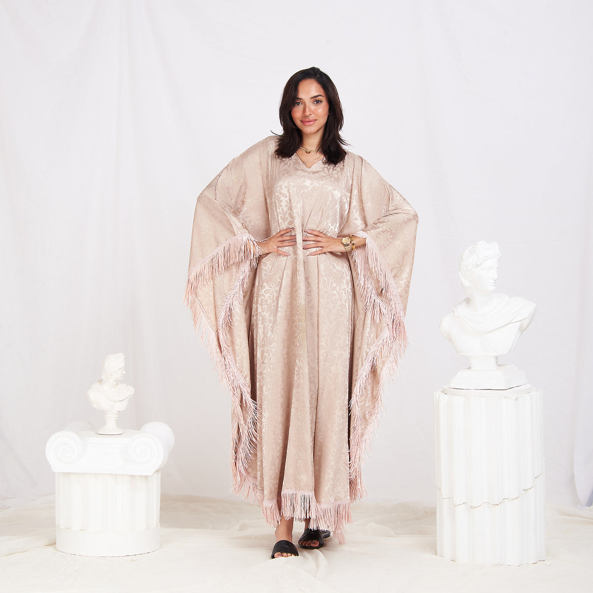 Wide Sleeve Printed Satin Kaftan - Beige