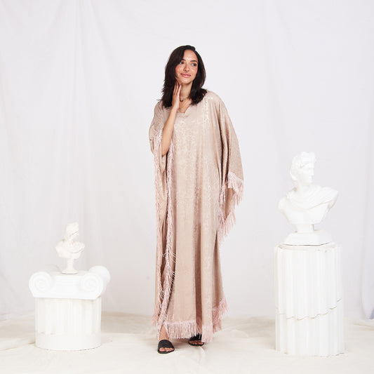 Wide Sleeve Printed Satin Kaftan - Beige