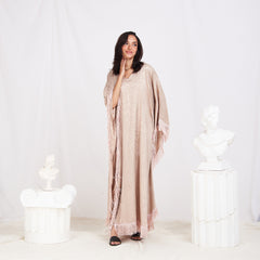 Wide Sleeve Printed Satin Kaftan - Beige