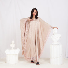 Wide Sleeve Printed Satin Kaftan - Beige