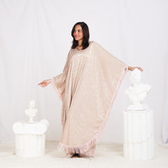 Wide Sleeve Printed Satin Kaftan - Beige