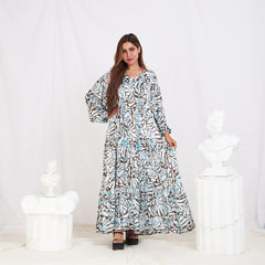 Long Sleeve Satin Maxi Floral Dress - Turquoise