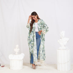 Wide Sleeve Linen Cardigan - Floral Green