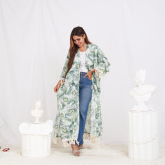 Wide Sleeve Linen Cardigan - Floral Green