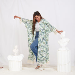 Wide Sleeve Linen Cardigan - Floral Green