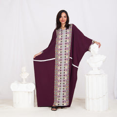 Long Sleeve Trendy Cotton Kaftan - Geometric Burgundy