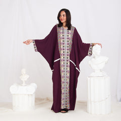 Long Sleeve Trendy Cotton Kaftan - Geometric Burgundy