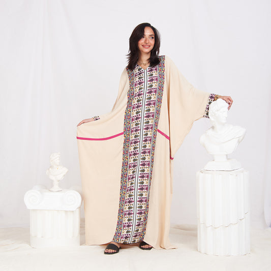 Long Sleeve Trendy Cotton Kaftan - Geometric Beige