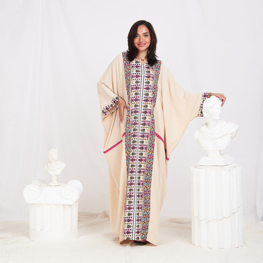 Long Sleeve Trendy Cotton Kaftan - Geometric Beige