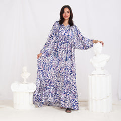 Long Sleeve Satin Maxi Floral Dress - Blue