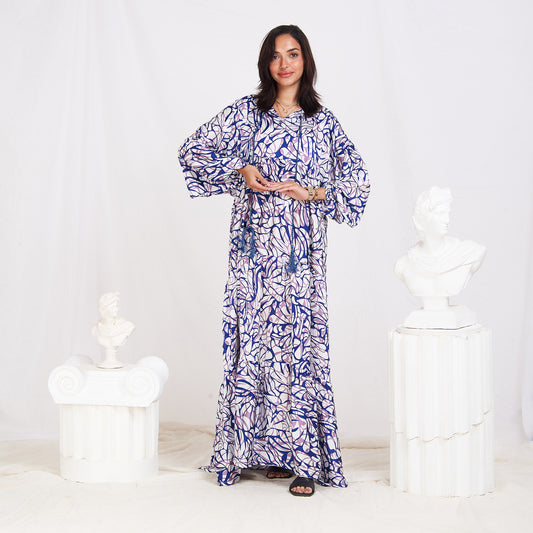 Long Sleeve Satin Maxi Floral Dress - Blue