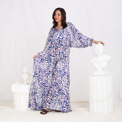 Long Sleeve Satin Maxi Floral Dress - Blue