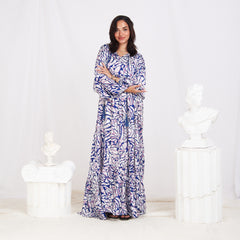 Long Sleeve Satin Maxi Floral Dress - Blue