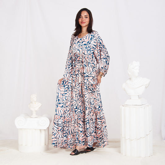 Long Sleeve Satin Maxi Floral Dress - Rose