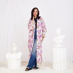 Wide Sleeve Linen Cardigan - Floral Pink