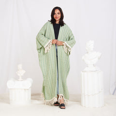 Wide Sleeve Linen Striped Cardigan - Mint Green