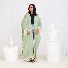 Wide Sleeve Linen Striped Cardigan - Mint Green