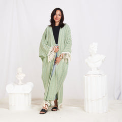 Wide Sleeve Linen Striped Cardigan - Mint Green