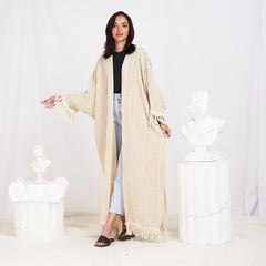 Wide Sleeve Linen Striped Cardigan - Beige