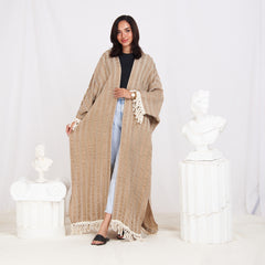 Wide Sleeve Linen Striped Cardigan - Brown