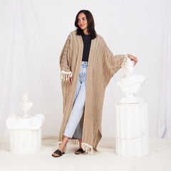 Wide Sleeve Linen Striped Cardigan - Brown