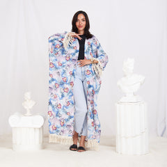 Wide Sleeve Linen Cardigan - Floral Blue