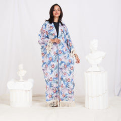 Wide Sleeve Linen Cardigan - Floral Blue