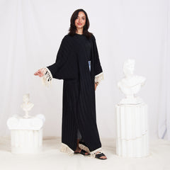 Wide Sleeve Linen Striped Cardigan - Black