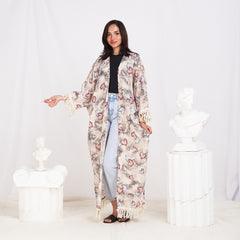 Wide Sleeve Linen Cardigan - Floral Beige