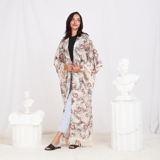 Wide Sleeve Linen Cardigan - Floral Beige