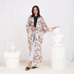 Wide Sleeve Linen Cardigan - Floral Beige